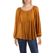 Free People Womens Devin Ribbed Knit Blouson Sleeves Henley Top