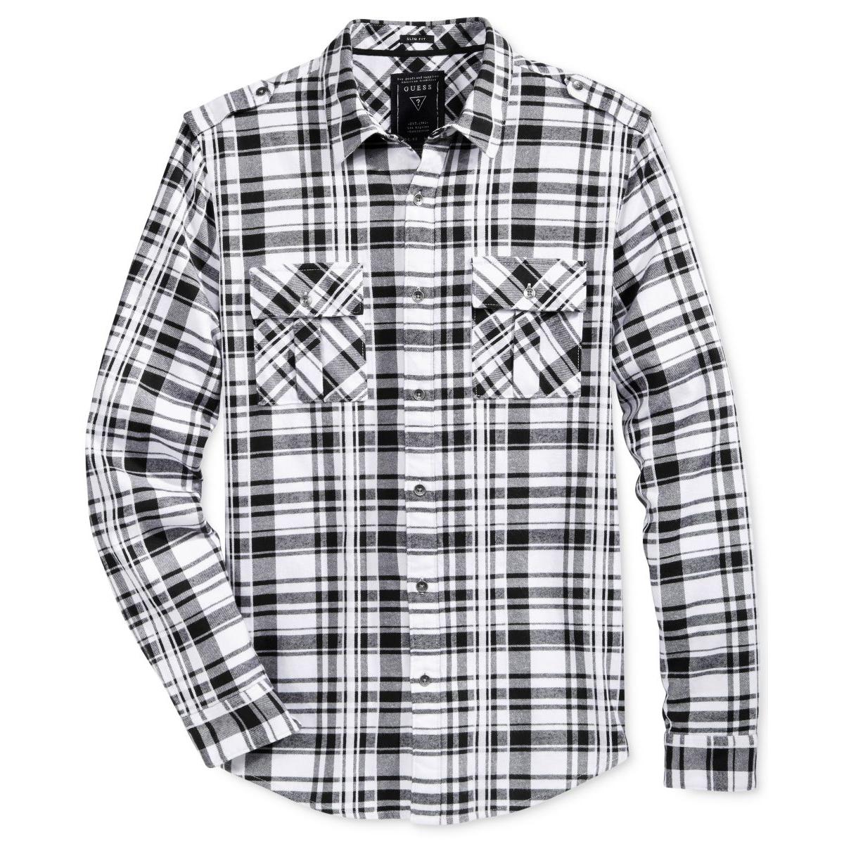 Mens Plaid Flannel Button-Down Shirt Regular L Jet Black Multi