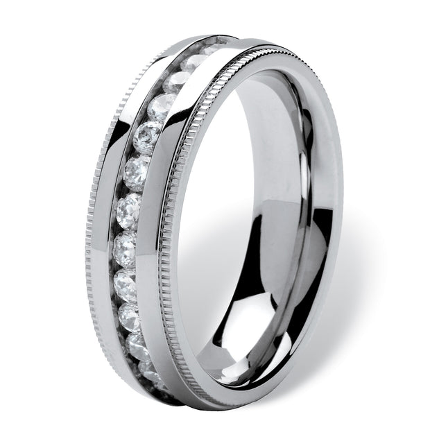 PalmBeach Jewelry Men's Stainless Steel Round Cubic Zirconia Channel Set Bridal Eternity Ring Sizes 8-16