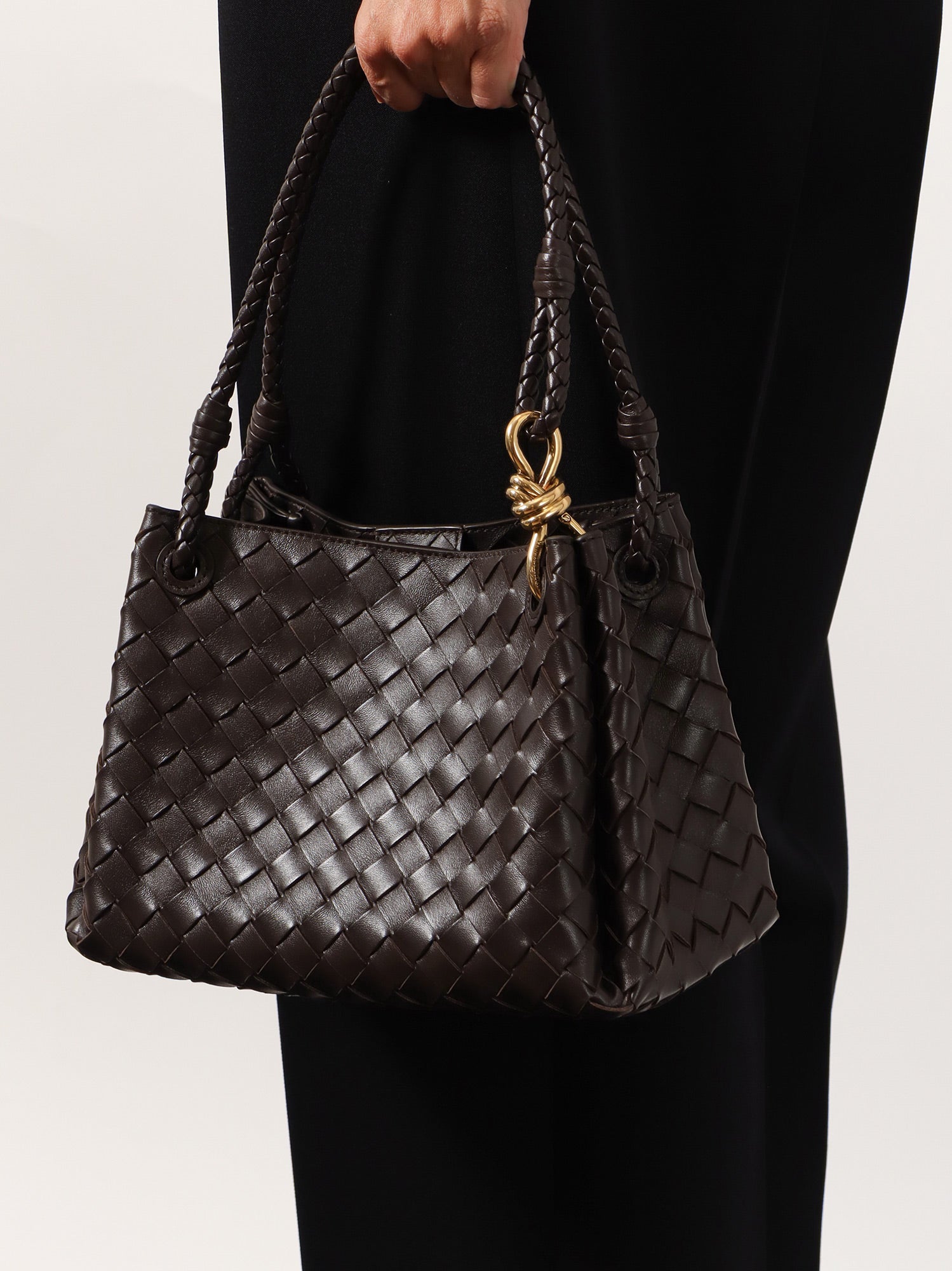 Bottega Veneta Women Parachute Leather Shoulder Bag With Intrecciato Pattern And Knot Detail