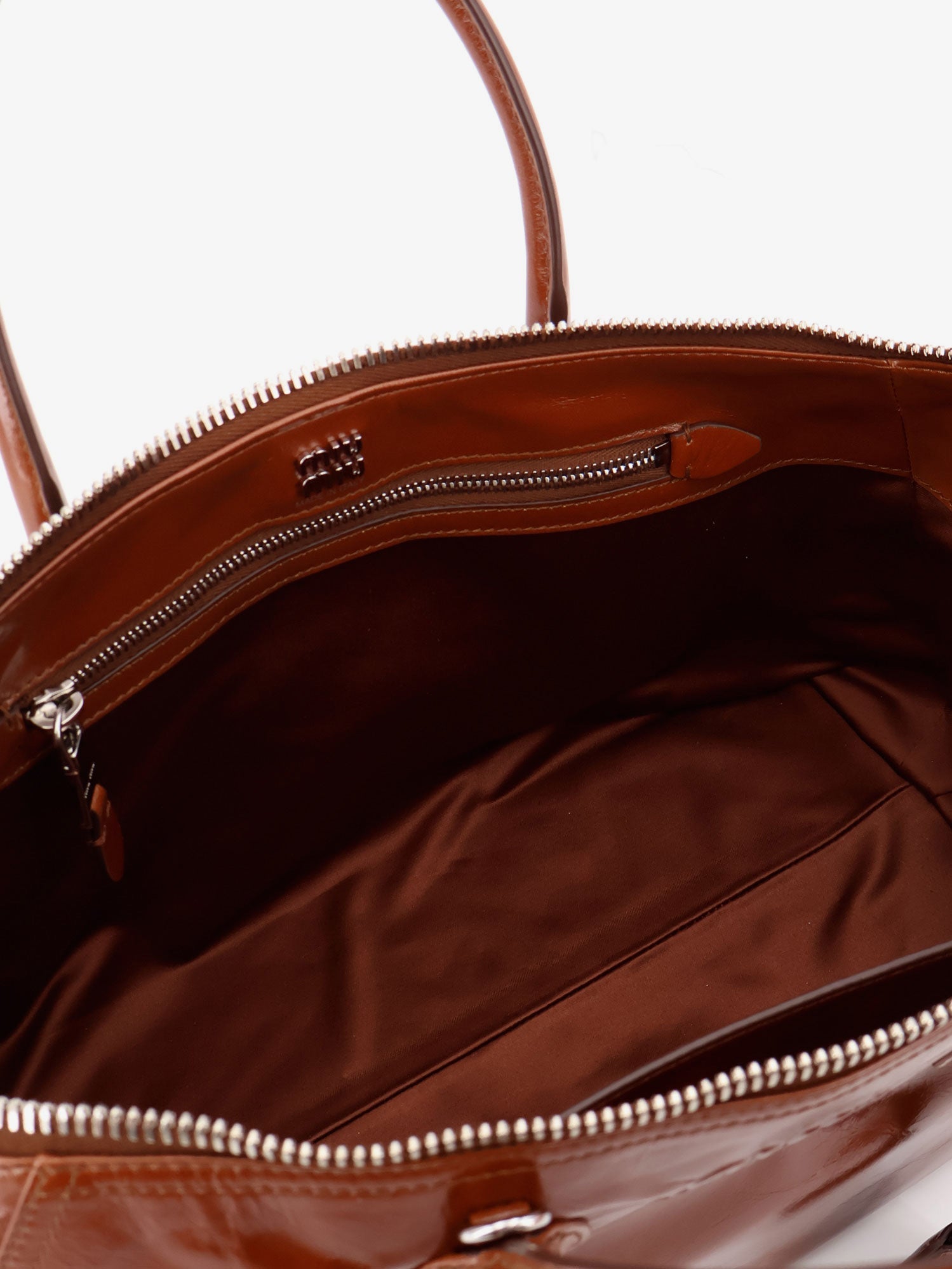 Miu Miu Women Shiny Leather Handbag With Front Lettering Logo