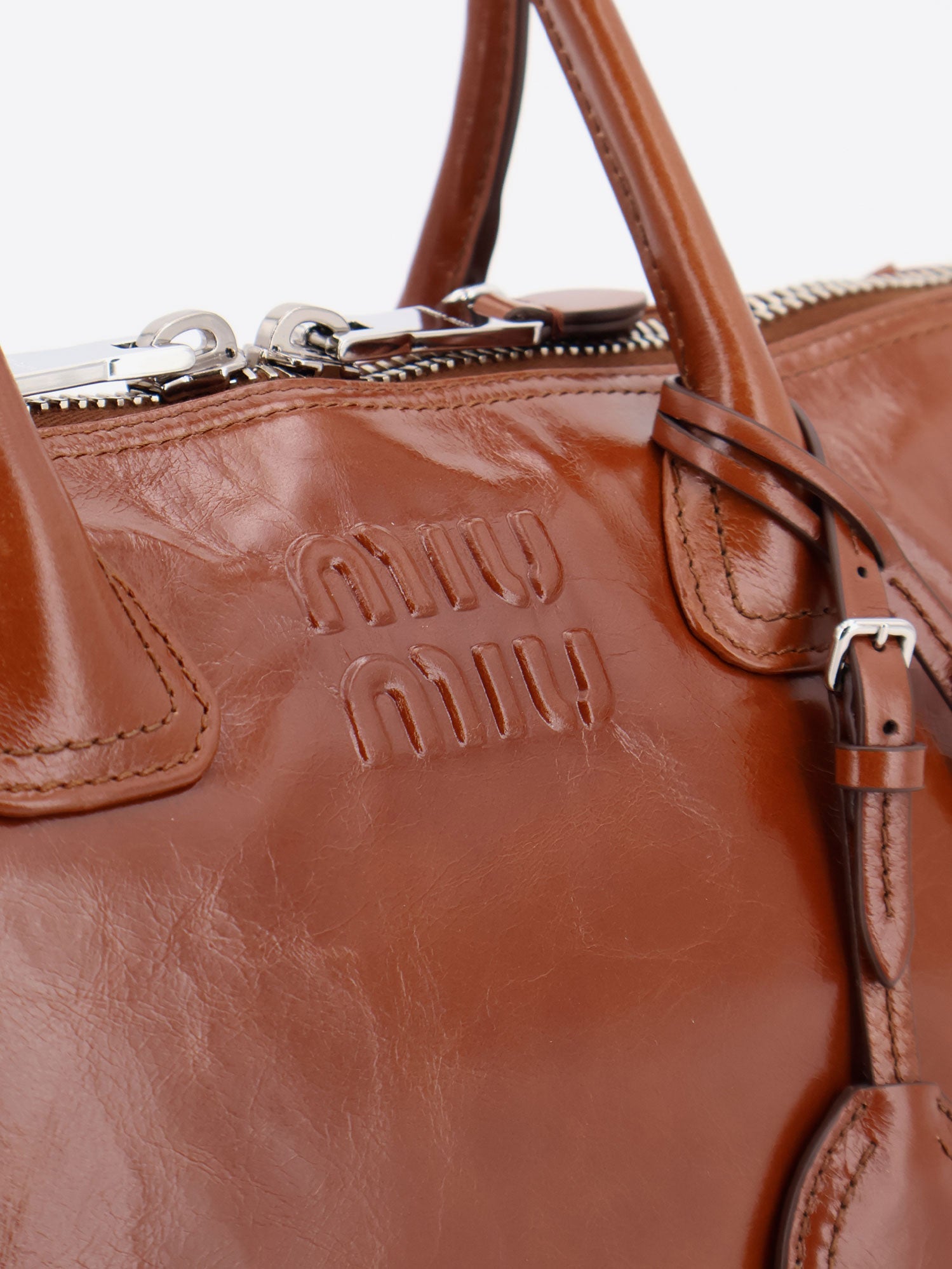 Miu Miu Women Shiny Leather Handbag With Front Lettering Logo