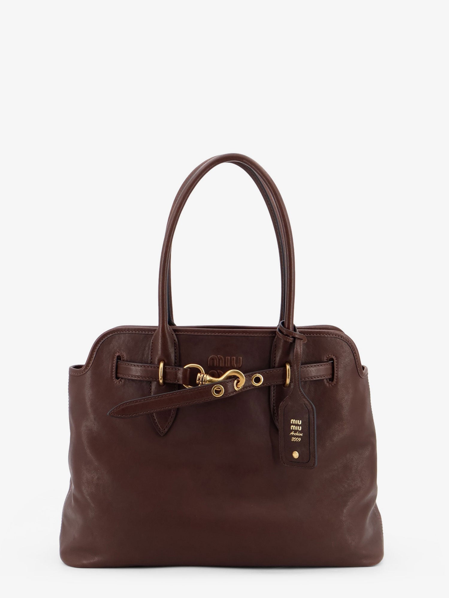 Miu Miu Women Aventure Leather Handbag With Front Lettering Logo