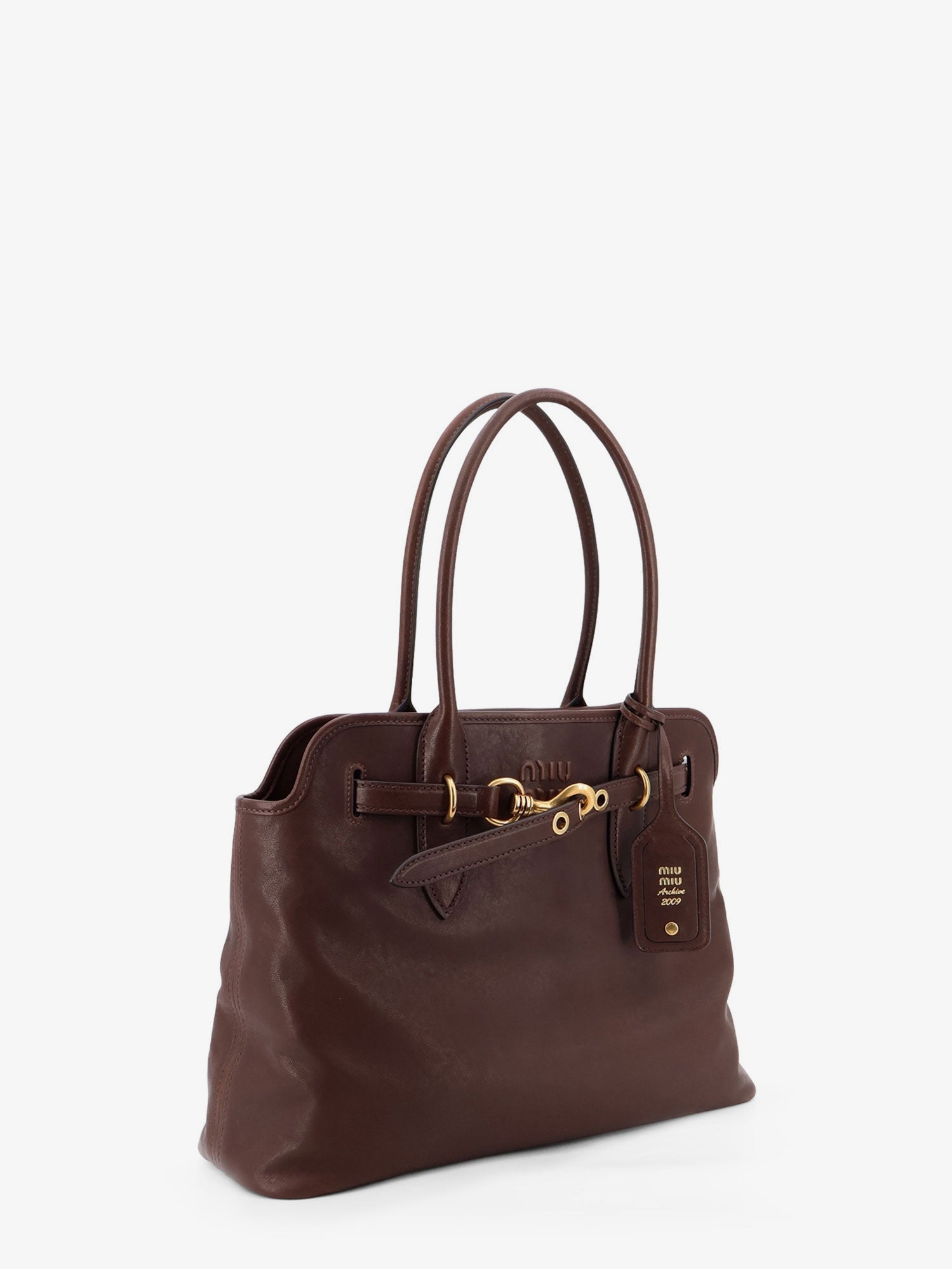 Miu Miu Women Aventure Leather Handbag With Front Lettering Logo