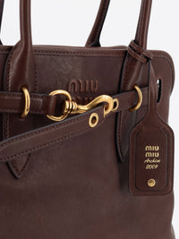 Miu Miu Women Aventure Leather Handbag With Front Lettering Logo