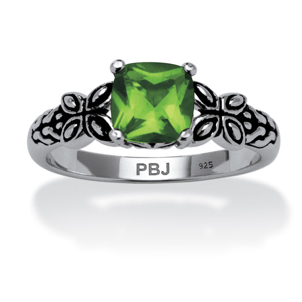 PalmBeach Jewelry Sterling Silver Antiqued Cushion Simulated Birthstone Butterfly Ring Sizes 5-10-August-Peridot
