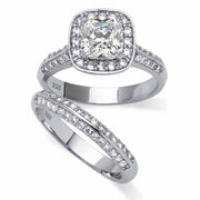 PalmBeach Jewelry Platinum-plated Sterling Silver Cushion Cubic Zirconia Halo Bridal Ring Set Sizes 5-10