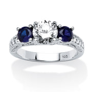 PalmBeach Jewelry Sterling Silver Round Cubic Zirconia and Round Simulated Blue Sapphires 3-Stone Bridal Ring Sizes 6-10