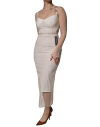 Dolce & Gabbana White Sheer Tulle Bustier Bodycon Midi Women's Dress