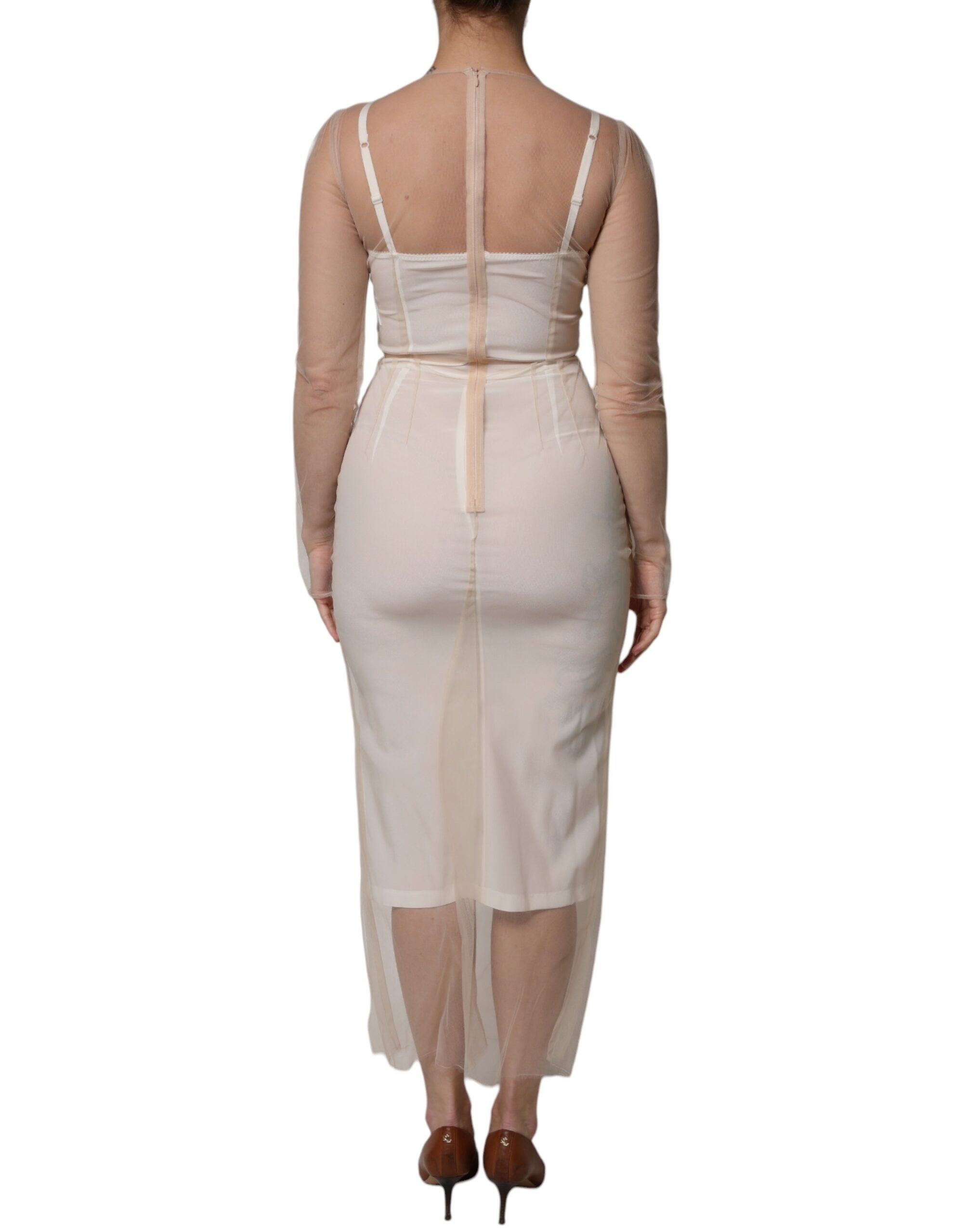 Dolce & Gabbana White Sheer Tulle Bustier Bodycon Midi Women's Dress
