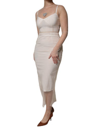 Dolce & Gabbana White Sheer Tulle Bustier Bodycon Midi Women's Dress