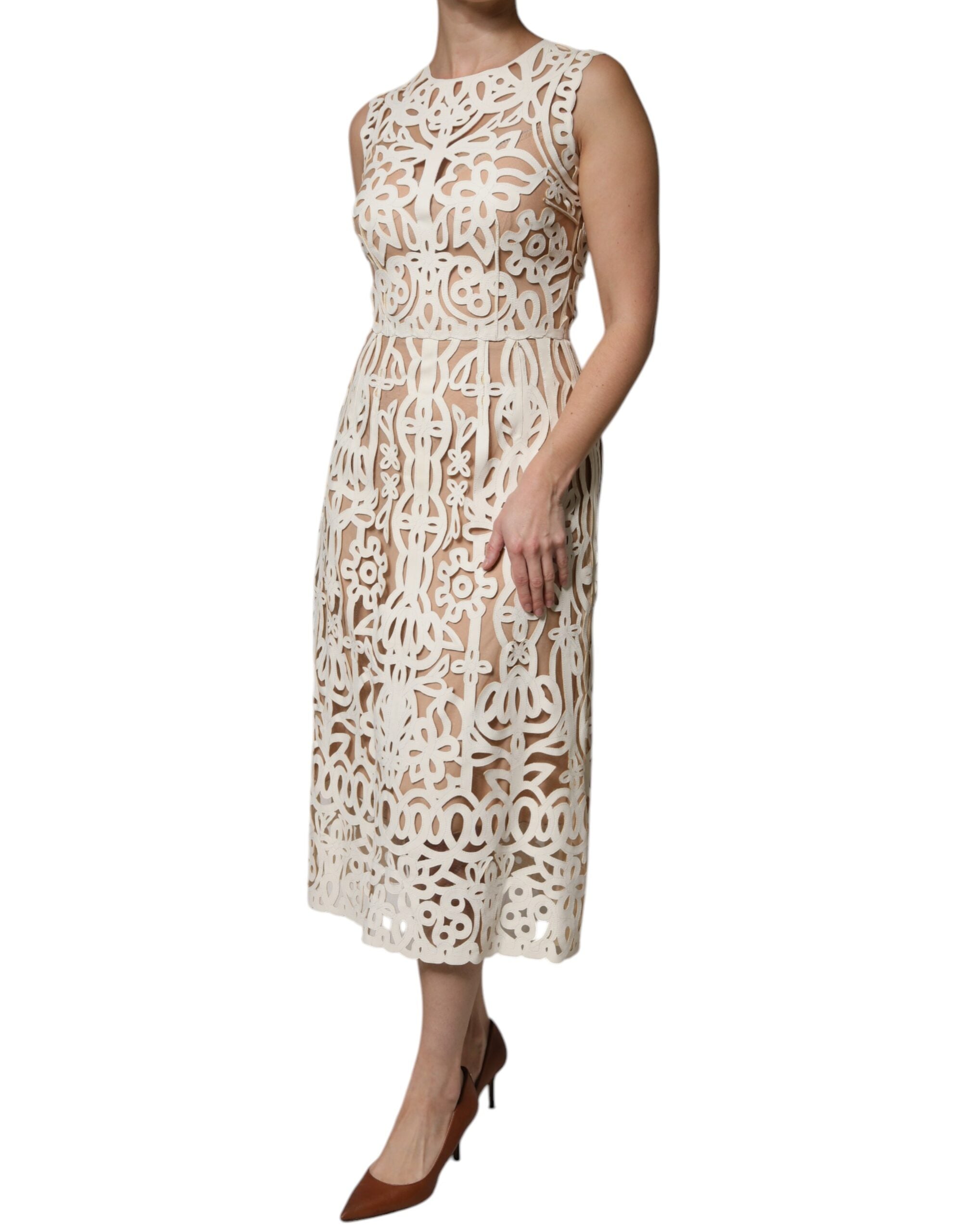Dolce & Gabbana White Cut Out Leather Sleeveless Midi Women's Dress