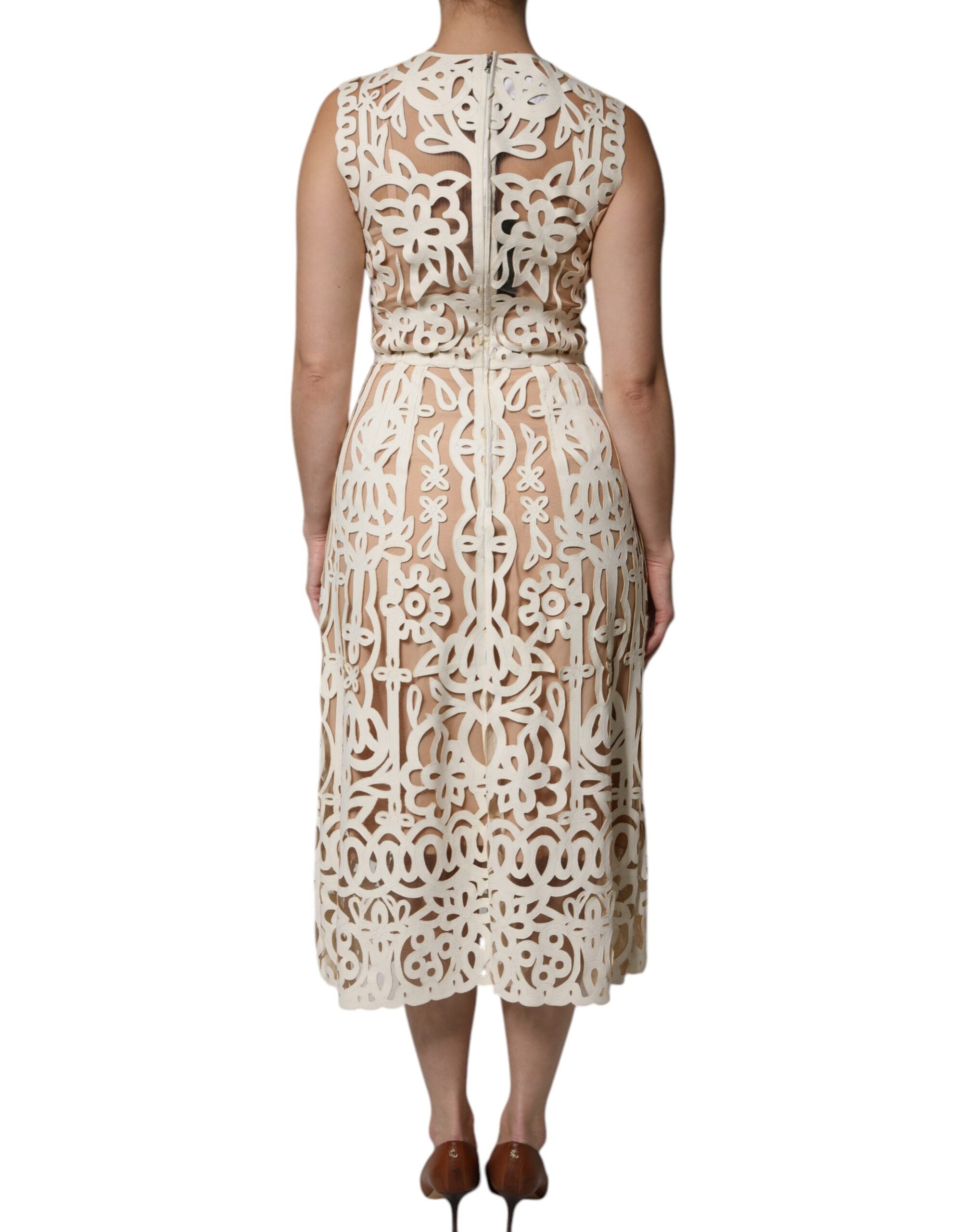 Dolce & Gabbana White Cut Out Leather Sleeveless Midi Women's Dress