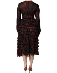 Dolce & Gabbana Black Red Polka Dot Silk Layered Midi Women's Dress