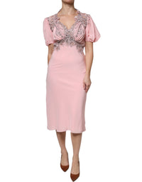 Ermanno Scervino Pink Floral Lace Short Sleeves V-neck Midi Women's Dress