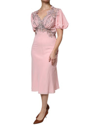 Ermanno Scervino Pink Floral Lace Short Sleeves V-neck Midi Women's Dress