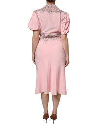 Ermanno Scervino Pink Floral Lace Short Sleeves V-neck Midi Women's Dress