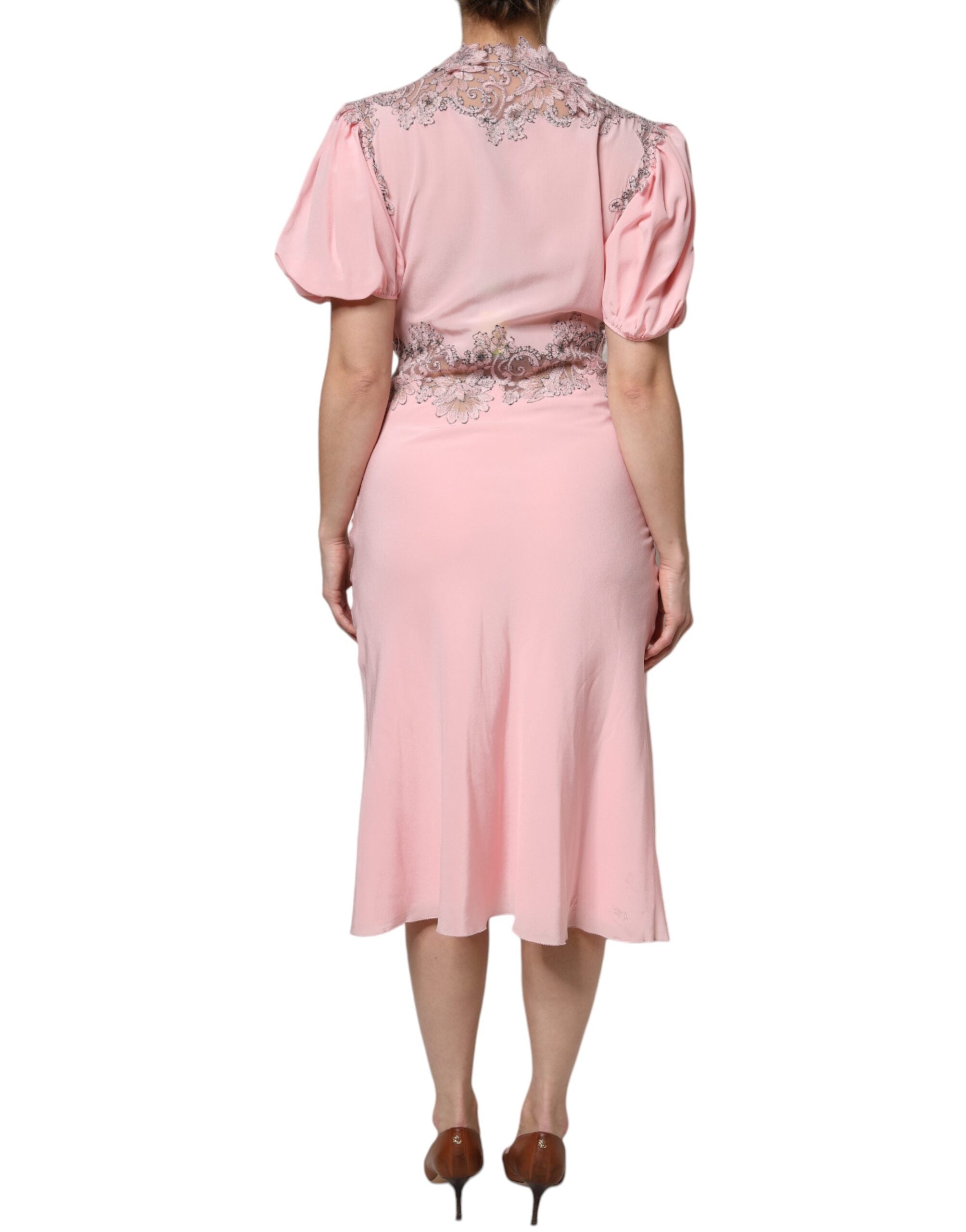 Ermanno Scervino Pink Floral Lace Short Sleeves V-neck Midi Women's Dress