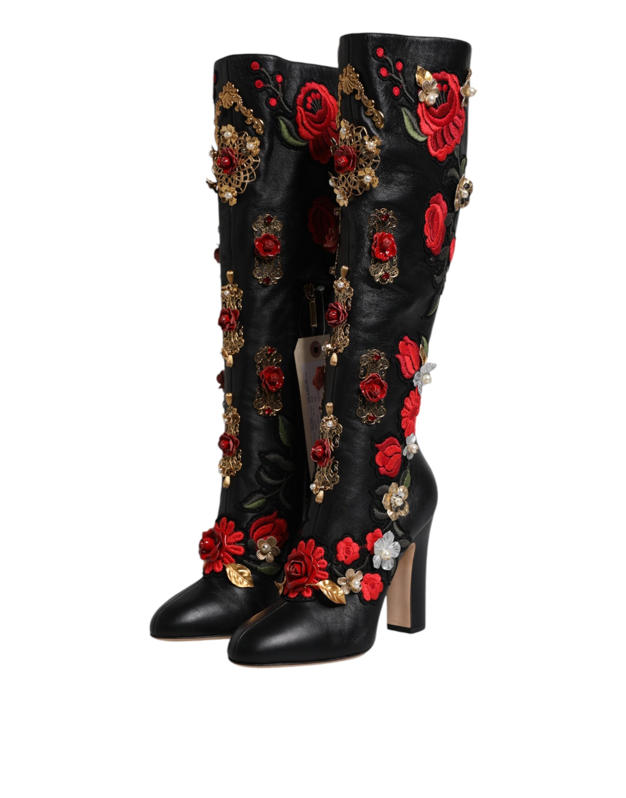 Dolce & Gabbana Black Roses Embellished Leather Heel Boots Women's Shoes
