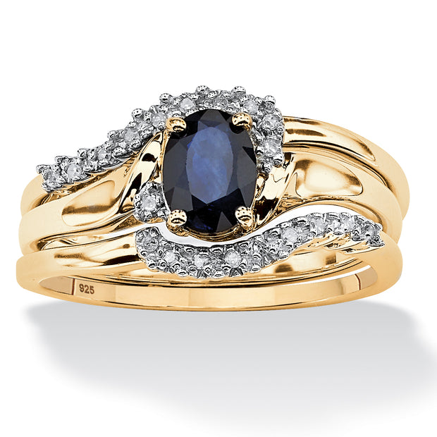 PalmBeach Jewelry Yellow Gold-plated Sterling Silver Oval Cut Genuine Midnight Blue Sapphire and Diamond Accent Bridal Ring Set Sizes 5-10