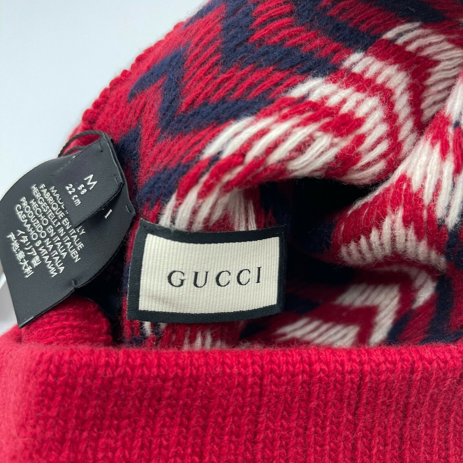 Gucci Men's Unisex Wool Red Blue Zigzag Pattern Knit Beanie Hat