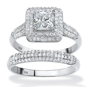 PalmBeach Jewelry Platinum-plated Sterling Silver Princess Cut Cubic Zirconia Halo Bridal Ring Set Sizes 5-10