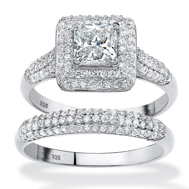 PalmBeach Jewelry Platinum-plated Sterling Silver Princess Cut Cubic Zirconia Halo Bridal Ring Set Sizes 5-10