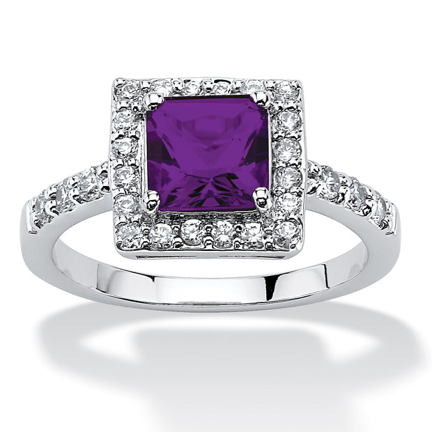 PalmBeach Jewelry Sterling Silver Princess Cut Simulated Birthstone and Round Crystals Halo Ring Sizes 5-10-February-Amethyst