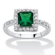 PalmBeach Jewelry Sterling Silver Princess Cut Simulated Birthstone and Round Crystals Halo Ring Sizes 5-10-May-Emerald