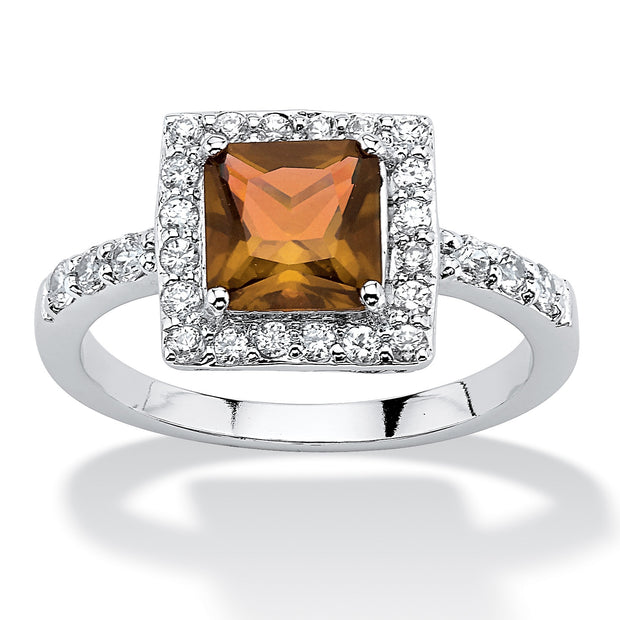 PalmBeach Jewelry Sterling Silver Princess Cut Simulated Birthstone and Round Crystals Halo Ring Sizes 5-10-November-Citrine