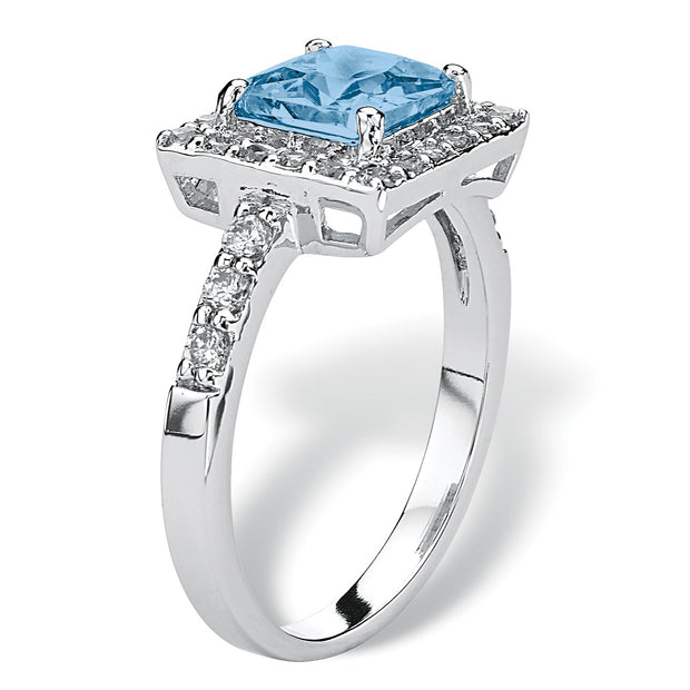 PalmBeach Jewelry Sterling Silver Princess Cut Simulated Birthstone and Round Crystals Halo Ring Sizes 5-10-March-Aquamarine