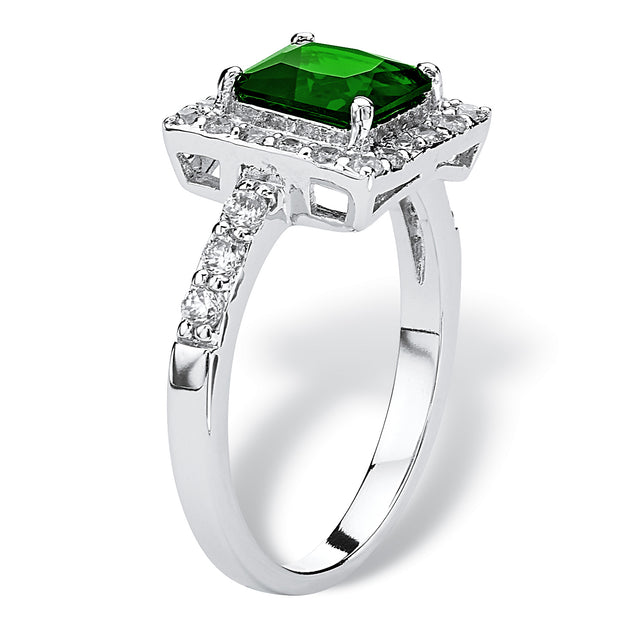 PalmBeach Jewelry Sterling Silver Princess Cut Simulated Birthstone and Round Crystals Halo Ring Sizes 5-10-May-Emerald