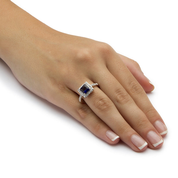 PalmBeach Jewelry Sterling Silver Princess Cut Simulated Birthstone and Round Crystals Halo Ring Sizes 5-10-September-Sapphire