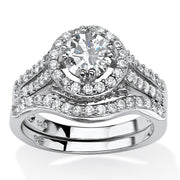 PalmBeach Jewelry Platinum-plated Sterling Silver Round Cubic Zirconia Halo Bridal Ring Set Sizes 5-10