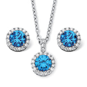 PalmBeach Jewelry Silvertone Round Simulated Birthtstone Halo Solitaire Pendant with 18 inch Chain and Stud Earring Set