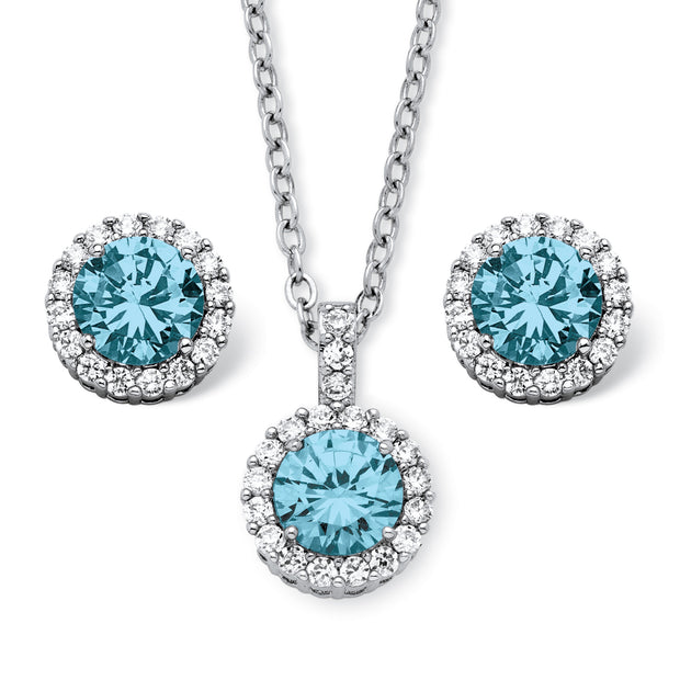 PalmBeach Jewelry Silvertone Round Simulated Birthtstone Halo Solitaire Pendant with 18 inch Chain and Stud Earring Set