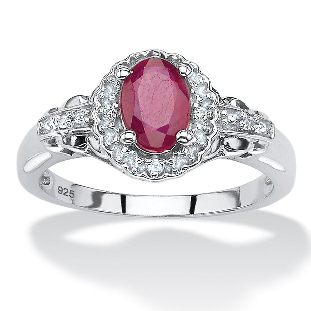 PalmBeach Jewelry Sterling Silver Oval Cut Genuine Red Ruby and Round Genuine White Topaz Halo Ring Sizes 6-10