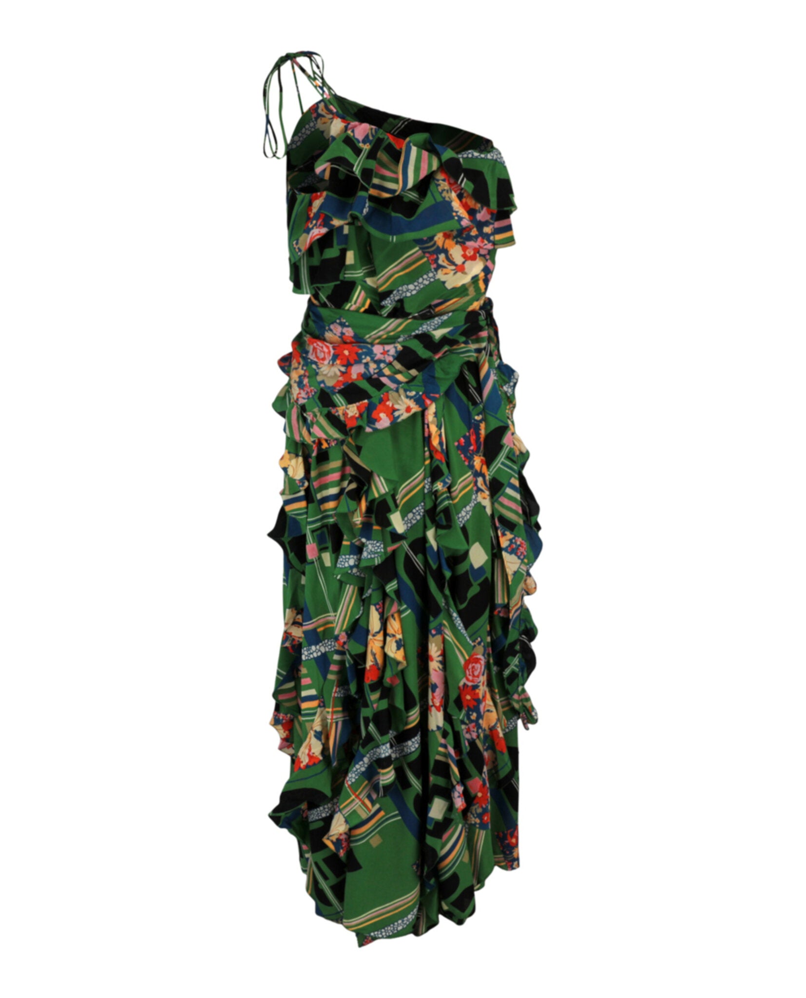 Gucci Womens Floral Check-Print Ruffled Silk-Crepe Dress