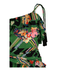 Gucci Womens Floral Check-Print Ruffled Silk-Crepe Dress