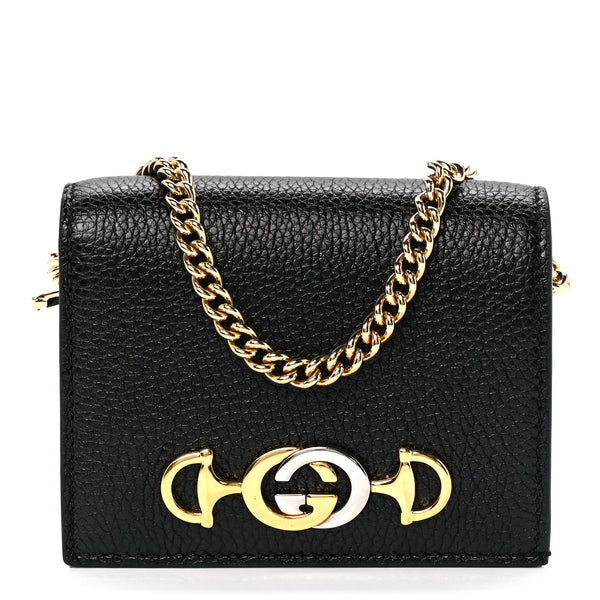 極美✨GUCCI Zumi ホースビット ゴールドチェーン コンパクトウォレット Gucci Zumi GG Black Leather Gold Chain Bi-Fold Mini Wallet – Bluefly