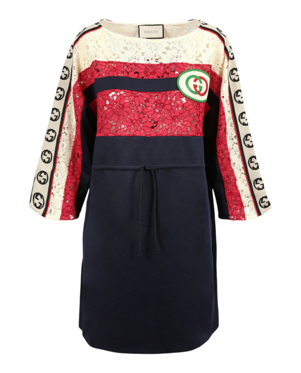 Gucci Womens Logo and Lace-Trimmed Dress