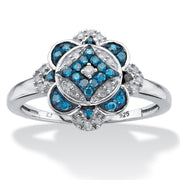 PalmBeach Jewelry Platinum-plated Sterling Silver Round Genuine Blue and White Diamond Floral Ring (1/5 cttw, I Color, I3 Clarity) Sizes 6-10
