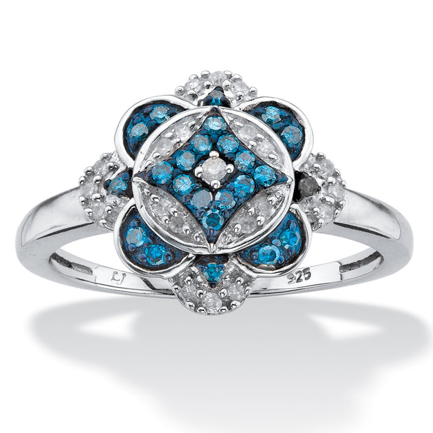 PalmBeach Jewelry Platinum-plated Sterling Silver Round Genuine Blue and White Diamond Floral Ring (1/5 cttw, I Color, I3 Clarity) Sizes 6-10