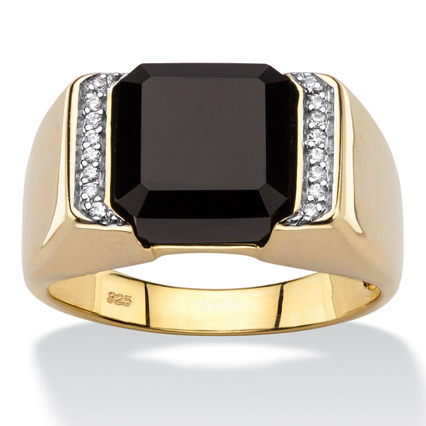 PalmBeach Jewelry Men's Yellow Gold-plated Sterling Silver Cushion Natural Black Onyx and Round Cubic Zirconia Ring Sizes 8-13