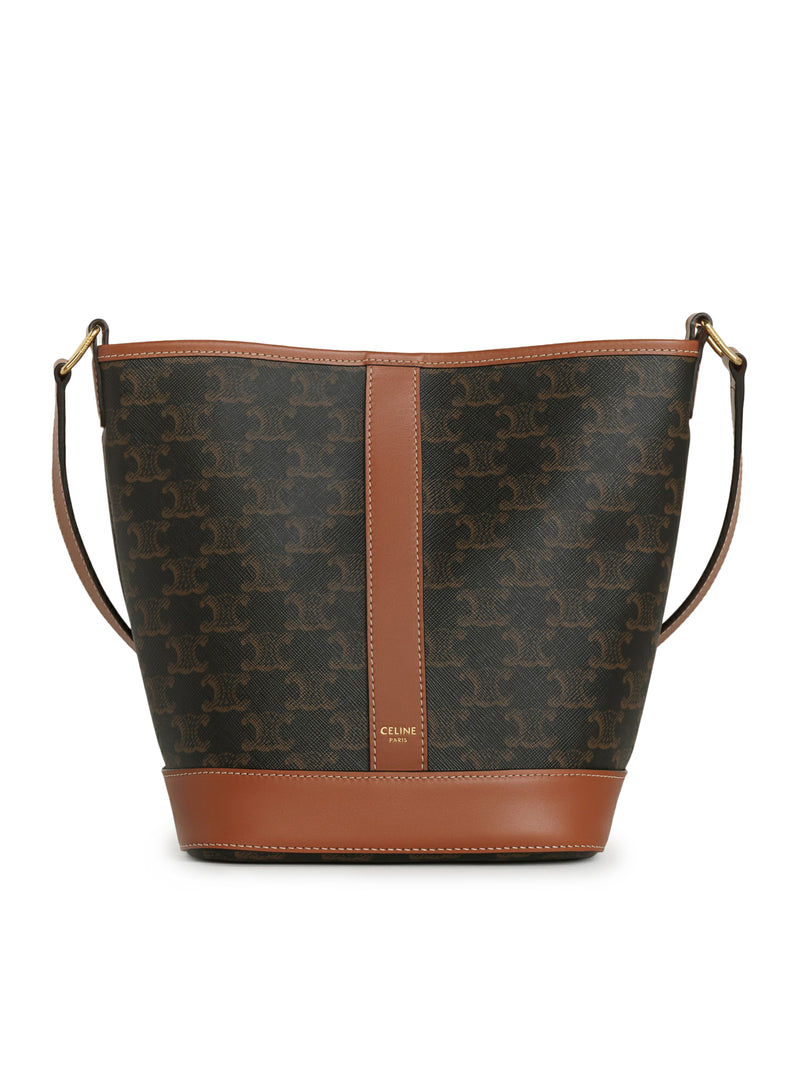 Celine Women Small Bucket Bag In Triomphe Canvas And Tan Calf Leather