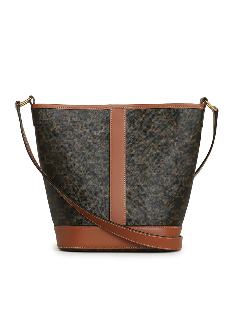 Celine Women Small Bucket Bag In Triomphe Canvas And Tan Calf Leather