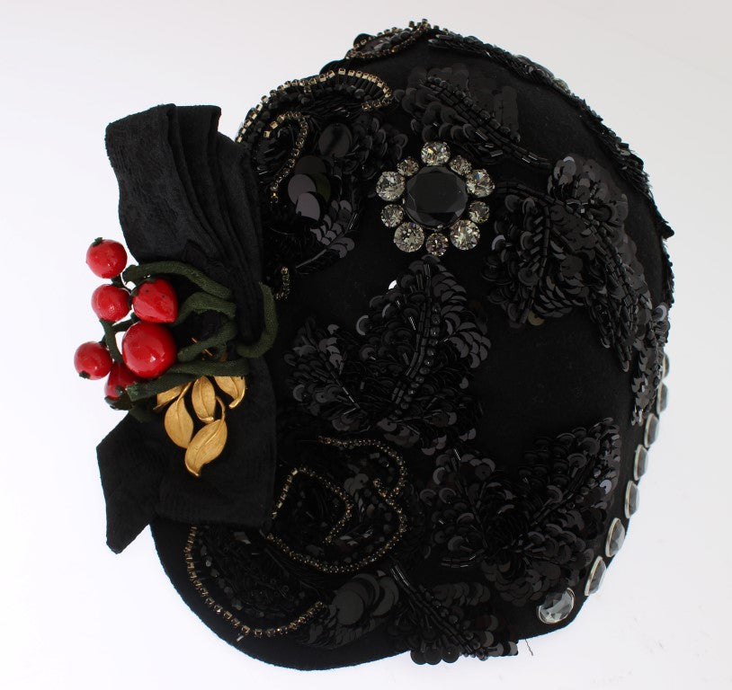 Dolce & Gabbana Wool Felt Hat with Sequins & Floral Embellishment