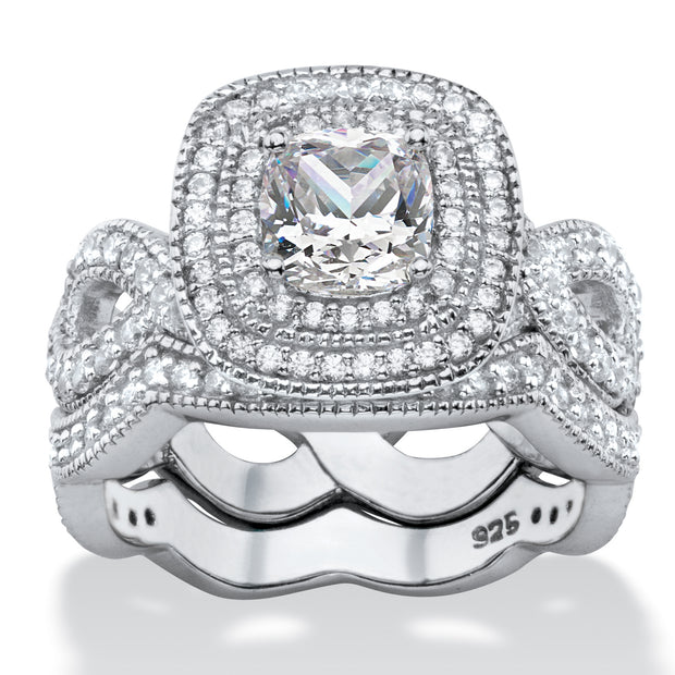 PalmBeach Jewelry Platinum-plated Sterling Silver Cushion Cubic Zirconia Crossover Halo Bridal Ring Set Sizes 6-10