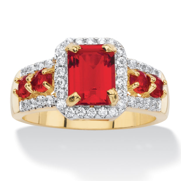 PalmBeach Jewelry Yellow Gold-plated Emerald Cut Simulated Red Ruby Red and Cubic Zirconia Halo Ring Sizes 6-10