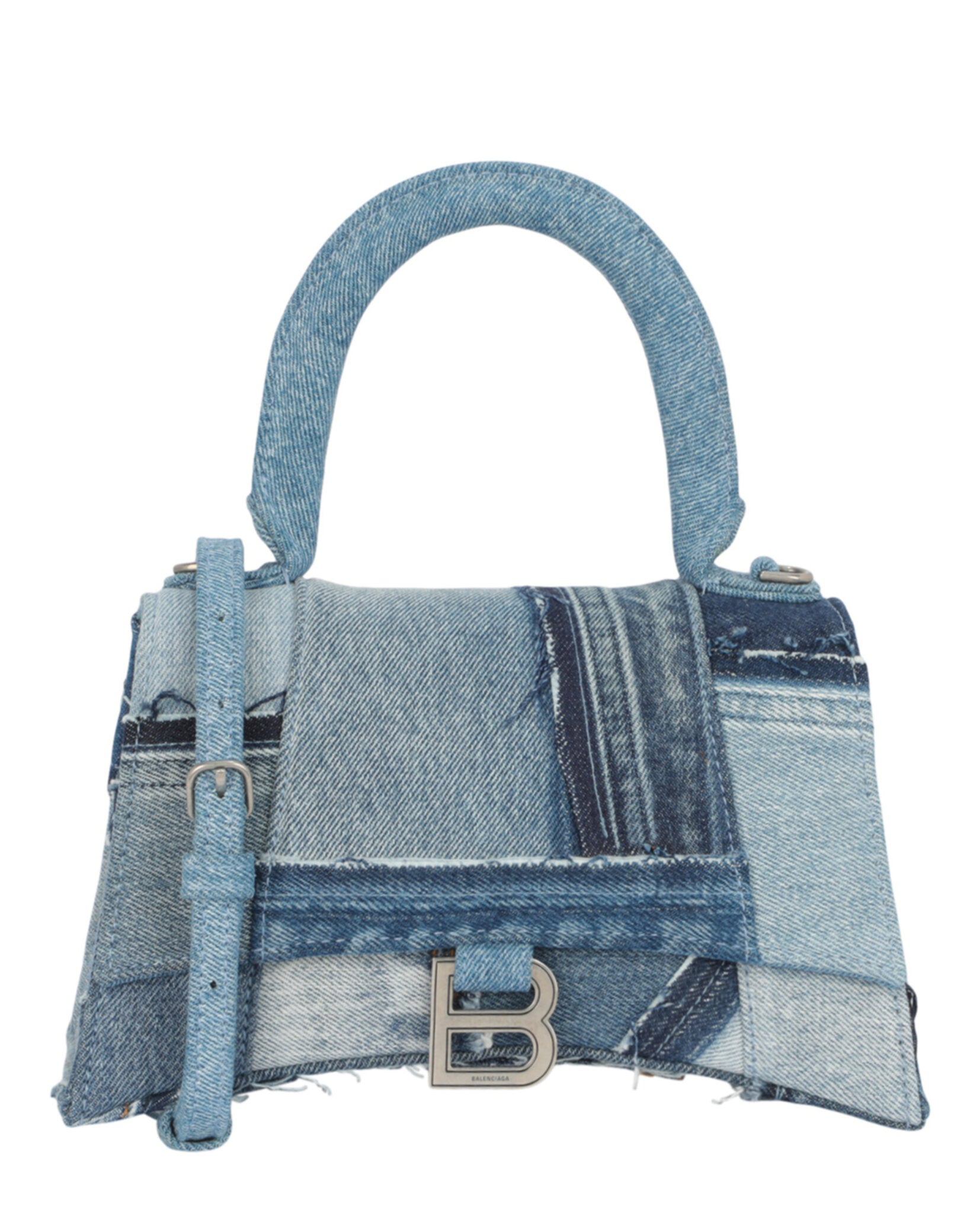Balenciaga Womens Hourglass Denim Patchwork Top Handle Bag